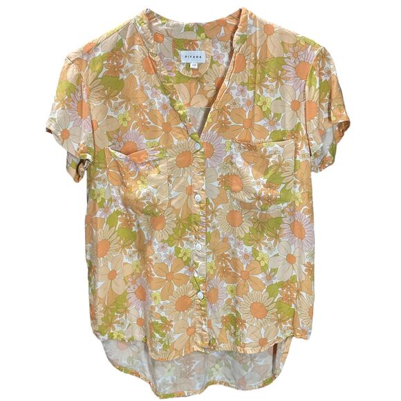 Piyama Orange Floral Buttoned Sleepwear Top Size XS - Picture 5 of 5